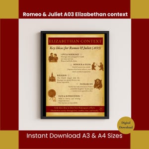 Peut inclure: Impression encadrée intitulée "Romeo & Juliet A03 Contexte élisabéthain". Elle présente les idées clés sur l'amour, le mariage, l'honneur, la religion, la société patriarcale et le destin à l'époque élisabéthaine. Téléchargement instantané A3 et A4.