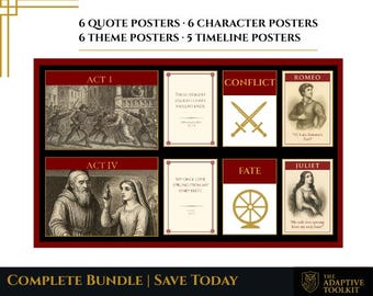Romeo and Juliet classroom display pack, GCSE English Literature revision posters, themes quotes characters, secondary school printable set
