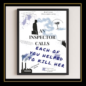 May include: A framed poster with the title "An Inspector Calls" in large letters. The poster features a silhouette of a man with a briefcase, a smoking cigarette, and various quotes and illustrations in a dark color palette.