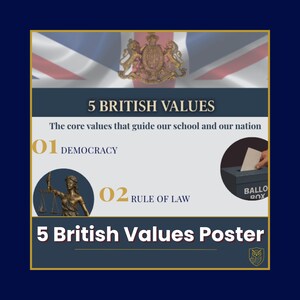 May include: A poster titled "5 BRITISH VALUES" with the Union Jack flag and a royal crest. It highlights "DEMOCRACY" and "RULE OF LAW" with illustrations. The poster's title is repeated at the bottom: "5 British Values Poster".