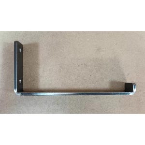 May include: A metal L-shaped bracket with a matte finish. The bracket has two holes on the vertical side for mounting and a horizontal arm. This hardware is suitable for shelving or other home decor projects.