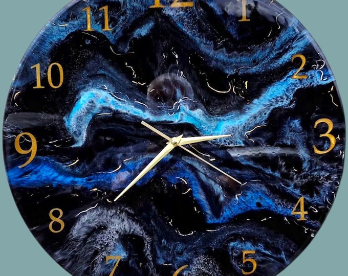 Featured listing image: Resin Wall Clock: Ocean Blue & Gold Abstract Art - Silent Quartz Movement