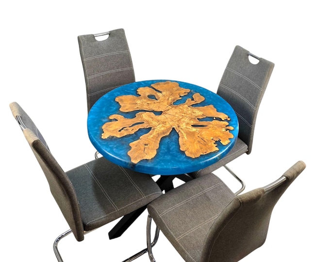 Featured listing image: Epoxy Resin Dining Table, Olive Wood Round Dining Table, Ocean Effect Rustic Dining Table