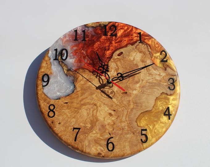 Featured listing image: Live-Edge Olive Wood Clock with Pearl White, Copper & Gold Resin – Custom Sizes 8" to 50" – Handmade, Unique Home Decor Gift
