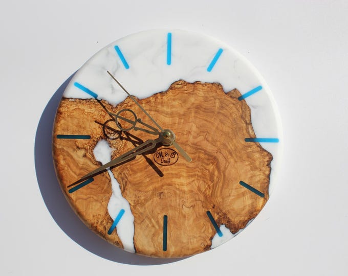 Featured listing image: Custom Clock Resin & Olive Wood Wall Clock, Live Edge Rustic Epoxy Design, Made to Order Home Gift, Unique Handmade Decor