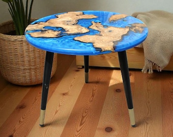 Blue Sea Resin Coffee Table – Handmade Olive Wood Ocean Style Furniture