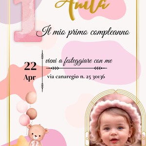 invito per PRIMO COMPLEANNO, invito per festa di primo complenno per femmine editabile.