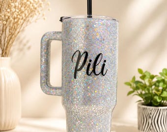 Personalized Silver Holographic Glitter Tumbler with Handle | Custom Name Cup