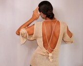 Open Back Top Cream, V Back Sweater, Backless Top, Cold Shoulder, Crochet Tunic Top, Backless Shirt, Linen Knit Blouse 3 4 Sleeve, V Neck