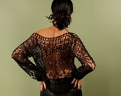 Knit Top Black, Sweater for Women, Pure Bamboo Lace Top, Summer Sweater, Open Weave Evening Top, Long Sleeve Top, Shirt, Boat Neck Sweater