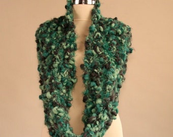 Knit Cowl Scarf Hand Made, Chunky Scarf Wrap, Circle Scarf, Infinity Scarf Soft Wool, Winter Scarf, Oversized Scarf Teal Green Charcoal