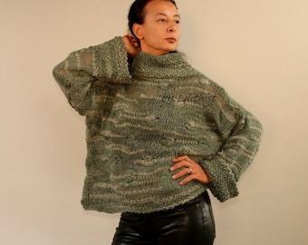 Hand Knit Sweater Merino Wool, Alpaca, Knit Pullover, High Collar, Sweater Wool, Jumper Women, Oversized Cowl Sweater, Slouchy Sweater