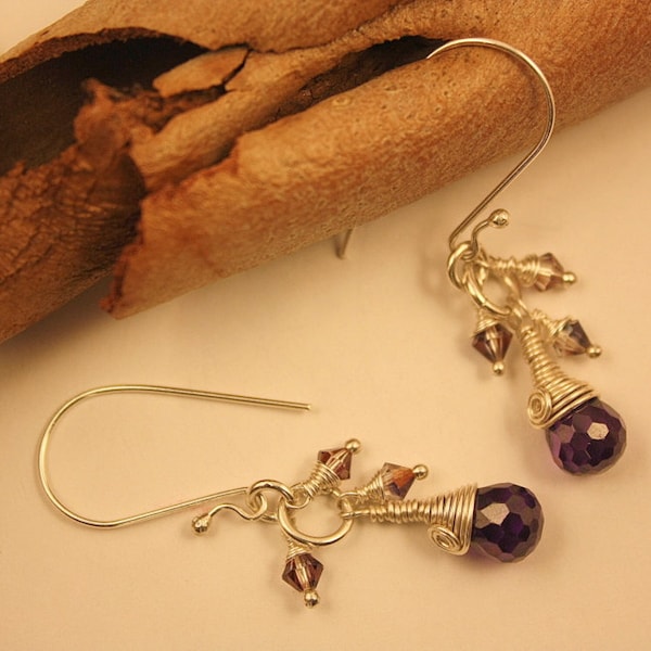 Teardrops Zircon Earrings, Wedding Earrings Purple, Crystal Swarovski Bridal Earrings, Sterling Silver 925K, Gift For Her