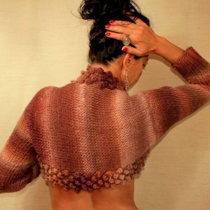 Hand Knit Bubble Crop Sweater, Pure Wool Cropped Cardigan, Soft Shrug Bolero Ombre, Warm Shrug Sweater Colorful, Fall Winter, Gift for Her