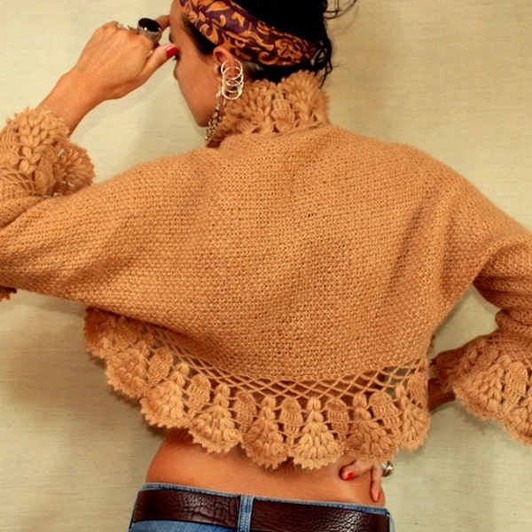 Reserved for Neeta / Halicarnassus Fever / Caramel Shrug Bolero 3/4 Bell Sleeve Bolero Jacket Hand Knit-Crochet Shrug / MADE TO ORDER