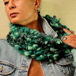Knit Scarf Hand Made, Knit Cowl Wool, Cowl Snood Scarf, Chunky Scarf Rainbow, Soft Infinity Scarf, Knit Tube Scarf Teal Charcoal