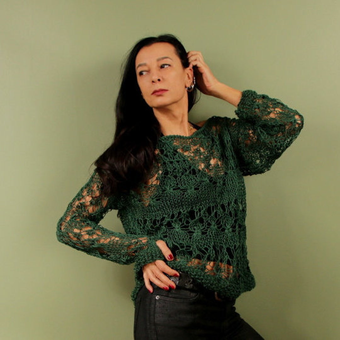 Hand Knit Loose Sweater Forest Green Summer Top Slochy - Etsy