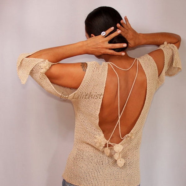 Open Back Top Cream, V Back Sweater, Backless Top, Cold Shoulder, Crochet Tunic Top, Backless Shirt, Linen Knit Blouse 3/4 Sleeve, V Neck