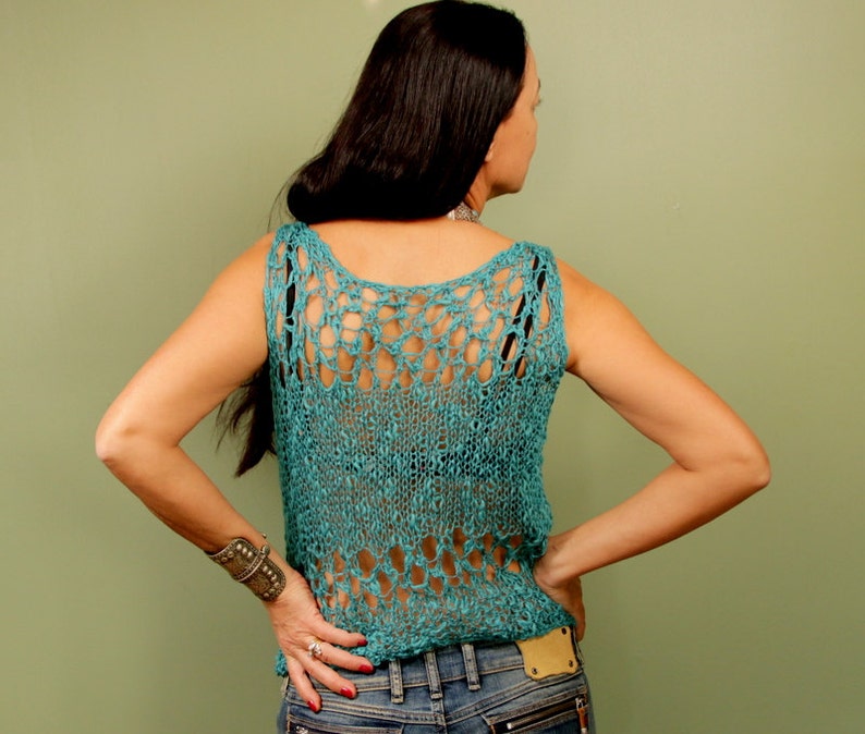 Summer Top Turquoise Blue Hand Knit Top Linen & Viscose Boho Etsy