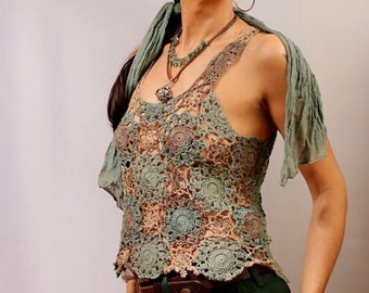 Crochet Top Racerback, Boho Top, Lace Top, Summer Top for Women, Sleeveless Lace Blouse, Arm Green&Brown Lace Shirt, Beach Cover Up