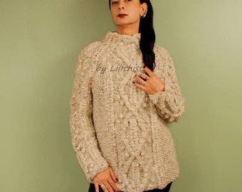 Chunky Sweater, Merino Wool, Women's Knit Cable Sweater, Hand Knit Pullover, High Neck Jumper, Long Sweater Cream mix Gold Glitter