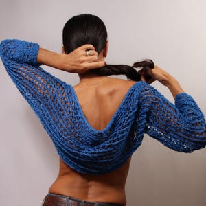 Hand Knit Crop Shrug, Open Knit Cropped Bolero Sapphire Blue, 3/4 Sleeve Cardigan Bamboo, Summer Knit Sweater, Sheer Loose Knit Bolero