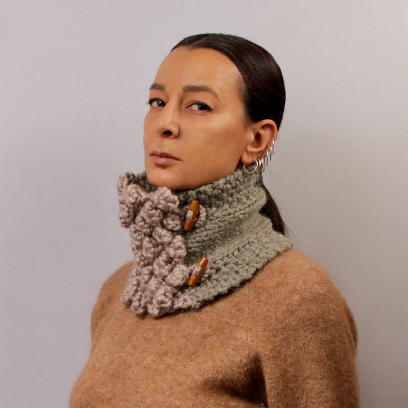 Knit Collar Scarf Alpaca Wool, Knit Cowl Buttons, Infinity Scarf Charcoal Grey, Soft Chunky Cowl, Thick Warm Neck Cowl, Unisex Winter Scarf image 4