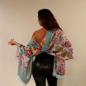 Pashmina Shawl Wool, Silk Shawl Floral, Pashmina Scarf, Pashmina Wrap, Silk Embroidery Stole, Shoulder Shawl Beaded, Gift for Her