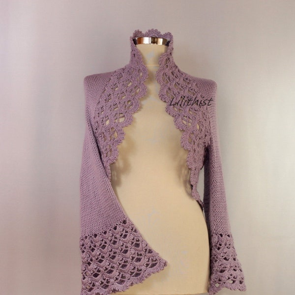 Boléro au crochet, Boléro lilas, Cardigan en tricot pour femme, Cardigan au crochet, Pull haussement d'épaules, Veste boléro, Boléro en dentelle, Boléro en tricot pour mariage