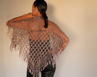 Crochet Shawl Taupe, Boho Shawl, Soft Shawl Scarf, Triangle Shawl with Fringe, Evening Shawl,  Bridal Shawl, Shawl Wrap Spring Summer