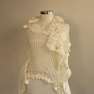 Crochet Shawl Ivory, Wedding Shawl with Gold Sequin, Shrug Bolero, Bridal Shawl Flower, Bridesmaid Shawl, Bolero, Wedding Shawl Lace