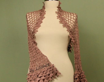 Crochet Shrug, Wedding Bolero, Shrug Top, Bridal Shrug, Evening Shrug, Bolero Lace, Pure Cotton, Dancer Shrug, Wedding Shrug Taupe