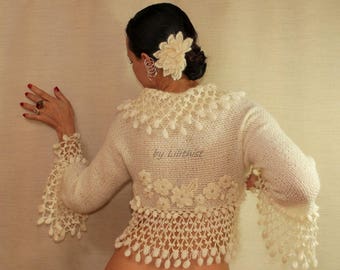 Bridal Shrug Bolero Ivory, Wedding Shrug, Bolero Sweater, Shrug Hand Knitted, Crochet Shrug, 3/4 Bell Sleeve Bolero Jacket, Wedding Cover Up