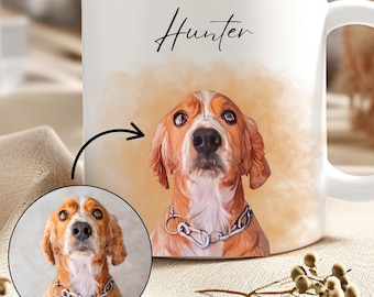 以下が含まれることがあります： 白のセラミックマグカップ。茶色と白の毛並みの犬の水彩画の肖像画が描かれており、銀色の首輪をしています。「Hunter」という名前が犬の画像の上に黒い筆記体で書かれています。犬の小さな円形の画像も表示されています。
