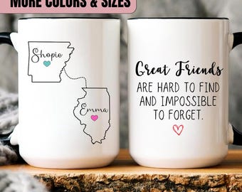 Tazza dell'amicizia a lunga distanza, regalo personalizzato per la migliore amica da stato a stato, tazza con mappa dello stato personalizzata, regalo per la mamma che vive a distanza che ti manca