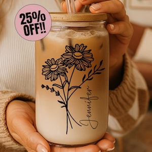 Personalized Birth Flower Glass Tumbler - Custom Birth Flower Gift for Bridesmaid - Bridesmaid Proposal Gift - Birth Flower Wedding Gift