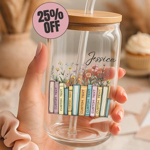 Personalized Floral Books Glass Tumbler - Custom Book Titles Name Tumbler, Book Lovers Gift, Custom Book Club Gift, Librarian Gift, Bookish