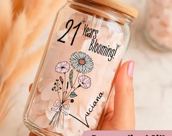 21 Years Old Gift Iced Coffee Cup 21st Birthday Glass Turning 21 Gift With Birthflower Glass Tumbler Twenty First Birthday Glass With Flower