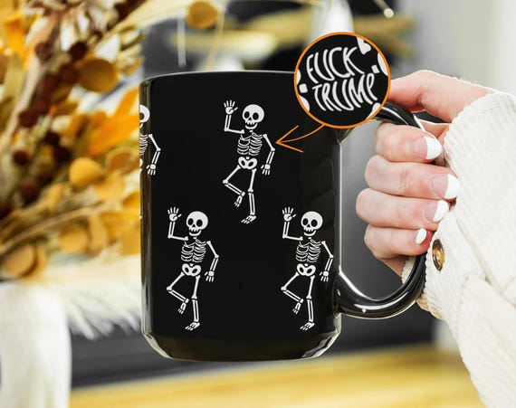 Subtle Fuck Trump Hallowee Mug, Funny Anti-Trump Gift, Spooky Feminist Coffee Mug, Liberal Halloween Mug, FDT Halloween Skeleton Cup