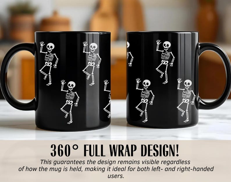 May include: Two black ceramic mugs with a white skeleton design. The skeletons are waving. The mugs have a black handle and a 360&deg; full wrap design.