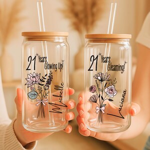 21 Years Old Gift Iced Coffee Cup 21st Birthday Glass Turning 21 Gift With Birthflower Glass Tumbler Twenty First Birthday Glass With Flower image 2