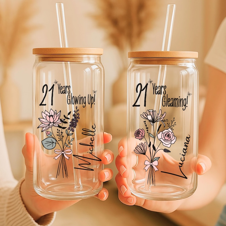 21 Years Old Gift Iced Coffee Cup 21st Birthday Glass Turning 21 Gift With Birthflower Glass Tumbler Twenty First Birthday Glass With Flower image 2