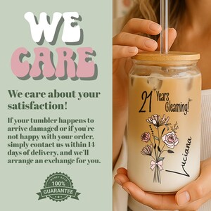21 Years Old Gift Iced Coffee Cup 21st Birthday Glass Turning 21 Gift With Birthflower Glass Tumbler Twenty First Birthday Glass With Flower image 8