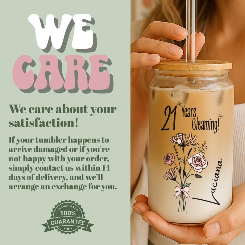 21 Years Old Gift Iced Coffee Cup 21st Birthday Glass Turning 21 Gift With Birthflower Glass Tumbler Twenty First Birthday Glass With Flower image 8