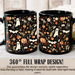 May include: Two black ceramic mugs with a wraparound Halloween-themed design. The design features pumpkins, ghosts, bats, and floral elements in orange, white, and brown. The text "360&deg; FULL WRAP DESIGN!" is at the bottom.