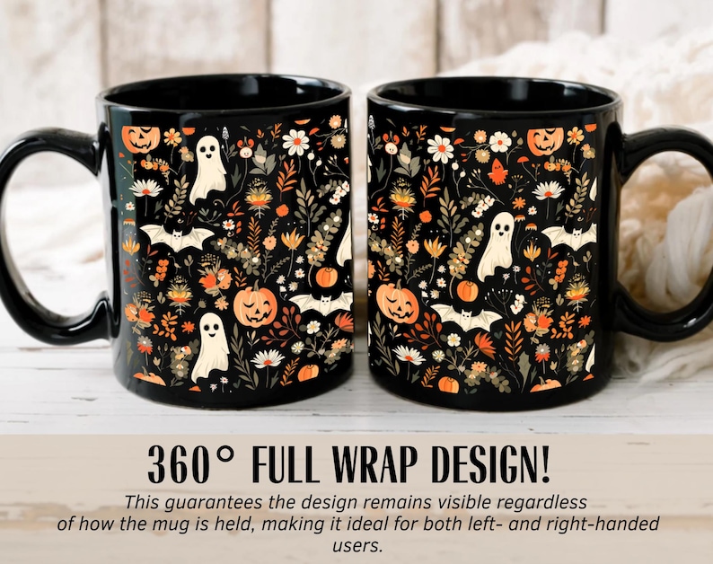 May include: Two black ceramic mugs with a wraparound Halloween-themed design. The design features pumpkins, ghosts, bats, and floral elements in orange, white, and brown. The text "360&deg; FULL WRAP DESIGN!" is at the bottom.