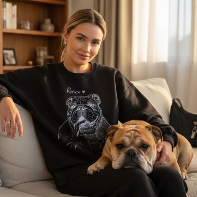 May include: Black sweatshirt featuring a detailed graphic of a bulldog with the name "Rocco" above it. The dog is a light brown color. The sweatshirt is worn by a person sitting on a couch.
