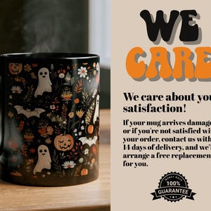 May include: Black ceramic mug with a Halloween-themed design. The mug features illustrations of ghosts, pumpkins, bats, and flowers. The text "WE CARE" is displayed in orange and black. The mug is on a wooden surface.