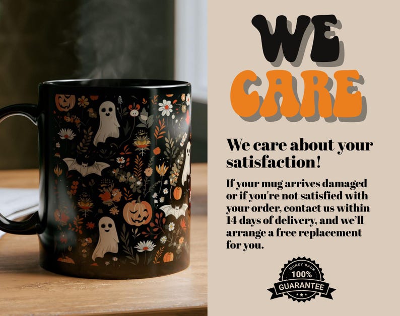 May include: Black ceramic mug with a Halloween-themed design. The mug features illustrations of ghosts, pumpkins, bats, and flowers. The text "WE CARE" is displayed in orange and black. The mug is on a wooden surface.