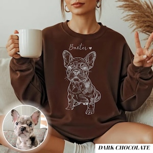 May include: Dark chocolate-colored sweatshirt featuring a white illustration of a French Bulldog. The dog's name, "Baxter," is written above the dog in cursive. The words "DARK CHOCOLATE" are printed in a white, bold font at the bottom of the sweatshirt.